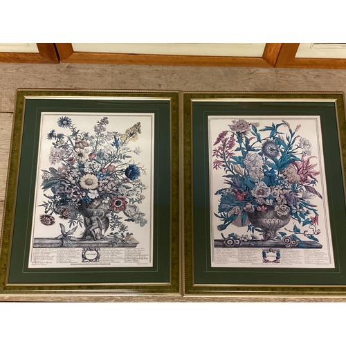 364 - Three decorative coloured prints of hunting scenes in glazed maple frames, 33 x 44 ; and two decorat... 