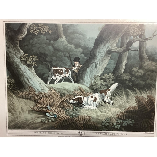 364 - Three decorative coloured prints of hunting scenes in glazed maple frames, 33 x 44 ; and two decorat... 