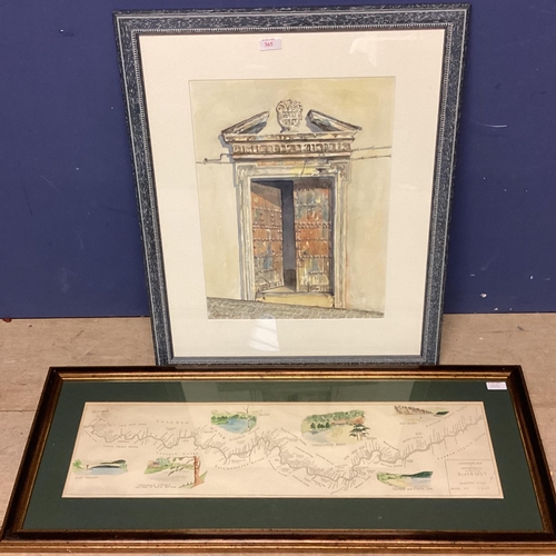 365 - Framed print of a  Fisherman's maps of Salmon Pools on the River Spey;  and a  watercolour of Portug... 