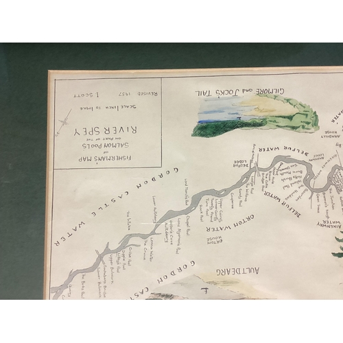 365 - Framed print of a  Fisherman's maps of Salmon Pools on the River Spey;  and a  watercolour of Portug... 