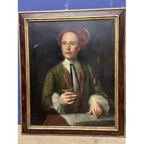 366 - A C19th style oil on canvas bust portrait of possibly William Kent, with compass and plans, in part ... 