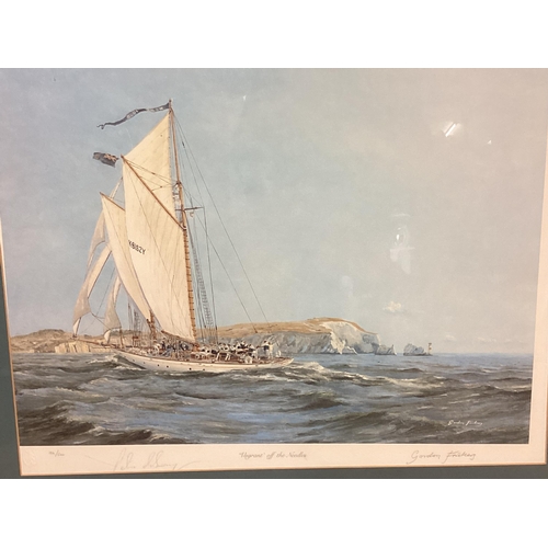 367 - An oriental framed silk embroidery panel; a Limited Edition sailing print by Gordon Frikers Vagrant ... 