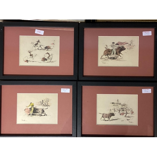 374 - Terruella, Spanish School, C19th/C20th, four etching prints of Bull fighting scenes, and a hand colo... 