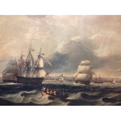 375 - A large C19th style Naval coastal scene oileograph on canvas, in a gilt and ebonised frame, 91cm x 1... 