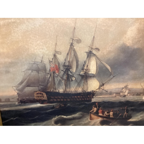 375 - A large C19th style Naval coastal scene oileograph on canvas, in a gilt and ebonised frame, 91cm x 1... 