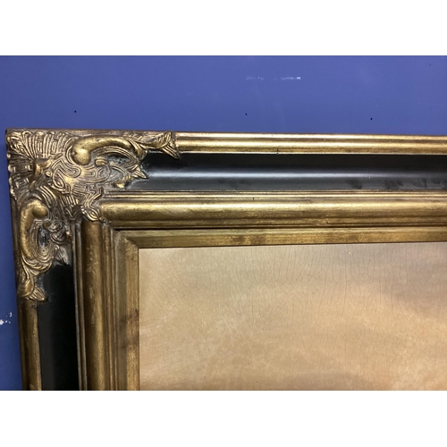 375 - A large C19th style Naval coastal scene oileograph on canvas, in a gilt and ebonised frame, 91cm x 1... 