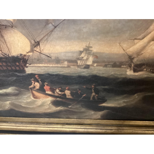 375 - A large C19th style Naval coastal scene oileograph on canvas, in a gilt and ebonised frame, 91cm x 1... 