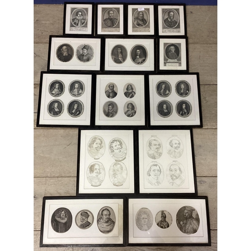 377 - Quantity of framed C19th & C20th portrait prints and pencil sketches of historical figures from Euro... 