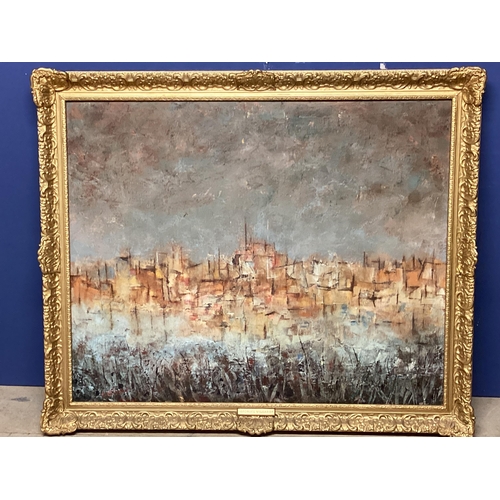 385 - GEORGES VILGARD, French (xx) large oil on canvas of a French Hilltop Town, 80cm x 99cm in carved gil... 