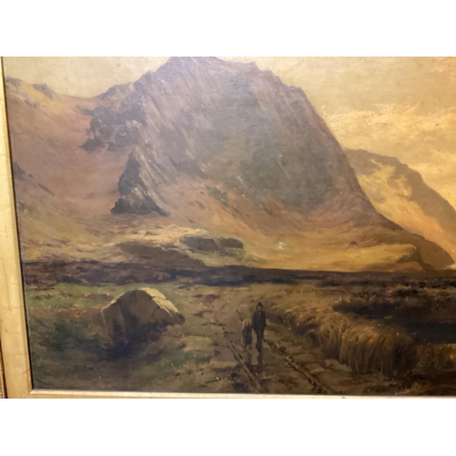 387 - A Scottish School, oil on canvas, two figures walking in a highland scene, in a recessed carved gilt... 