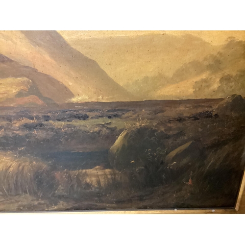 387 - A Scottish School, oil on canvas, two figures walking in a highland scene, in a recessed carved gilt... 