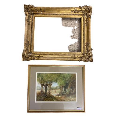 406 - A carved gilt picture frame, and an unsigned watercolour of figures in a landscape