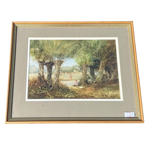 406 - A carved gilt picture frame, and an unsigned watercolour of figures in a landscape