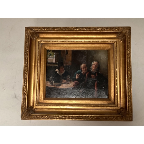 408 - An C19th style oil on board, the fortune teller, signed Kamphuis. lower left in a gilt frame 19 x 24... 