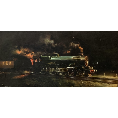 422 - A Cuneo Train print and oil on board, signed Deakin