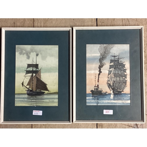 423 - Tony Warren (British XX) Two watercolour and ink of nautical scenes, in glazed frames, 24 x 16cm