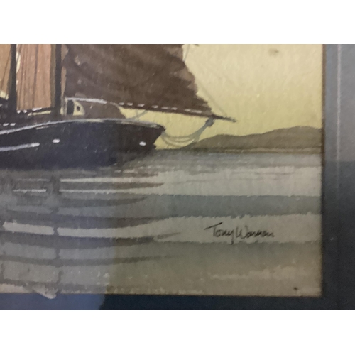 423 - Tony Warren (British XX) Two watercolour and ink of nautical scenes, in glazed frames, 24 x 16cm