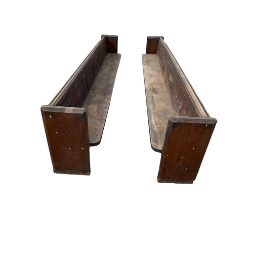 426 - A good pair of large oak church pews or benches, (cleared from a party barn) 360cmL x 50cm D x 83cm ... 