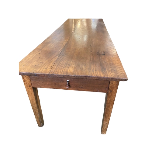 438 - A good narrow French chestnut/fruitwood plank top, single drawer kitchen table on square tapering le... 