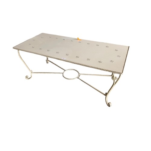 440 - A small metal conservatory coffee table and  a grey painted bistro garden table with four painted sl... 