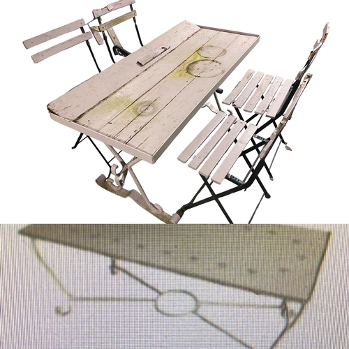 440 - A small metal conservatory coffee table and  a grey painted bistro garden table with four painted sl... 