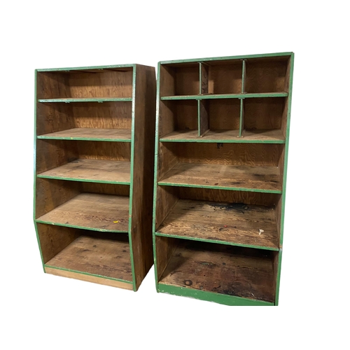 448 - Two similar, Vintage, large tiered bookcases, also used as shop display stands, and cutlery serving ... 