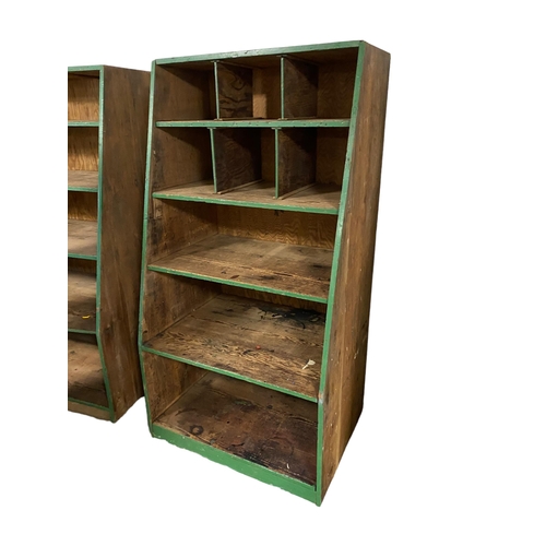 448 - Two similar, Vintage, large tiered bookcases, also used as shop display stands, and cutlery serving ... 