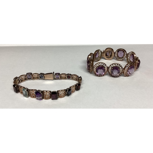 45 - An unmarked yellow metal late C19th amethyst set bracelet and an unmarked yellow metal gem set brace... 