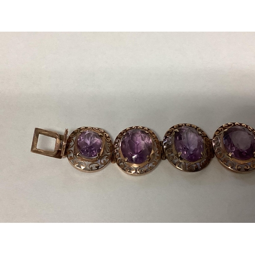 45 - An unmarked yellow metal late C19th amethyst set bracelet and an unmarked yellow metal gem set brace... 