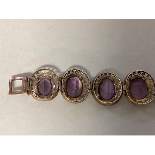 45 - An unmarked yellow metal late C19th amethyst set bracelet and an unmarked yellow metal gem set brace... 