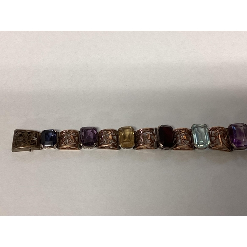 45 - An unmarked yellow metal late C19th amethyst set bracelet and an unmarked yellow metal gem set brace... 