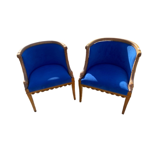 467 - Pair of French walnut tub chairs, with studded blue upholstery, swan decoration, on square legs, 61 ... 