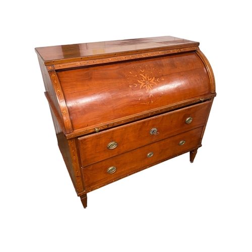 490 - Late C19th/early C20th French cherrywood cylinder top desk ,with fruit wood inlaid decoration,  with... 