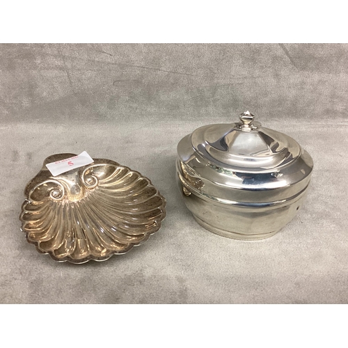 5 - A Sterling silver tea caddy together with a silver scallop dish, 95g