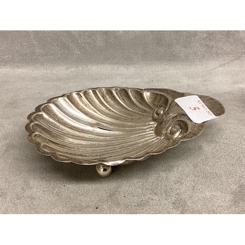 5 - A Sterling silver tea caddy together with a silver scallop dish, 95g