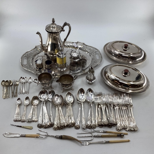 61 - Collection of silver plated items to include oval tray with pierced border, coffee pot, sugar shaker... 