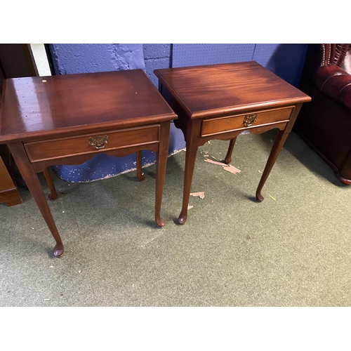 619 - Pair of modern reproduction, single drawer side tables with tapered legs to pad feet