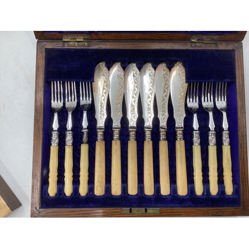 62 - Collection of boxed silver plated cutlery (4 boxes) plus one Stirling silver handled knife and fork ... 