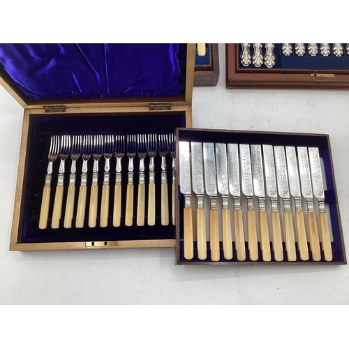 62 - Collection of boxed silver plated cutlery (4 boxes) plus one Stirling silver handled knife and fork ... 