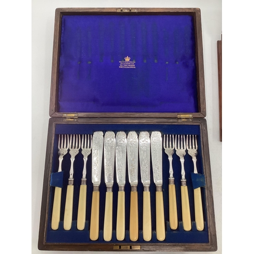 62 - Collection of boxed silver plated cutlery (4 boxes) plus one Stirling silver handled knife and fork ... 