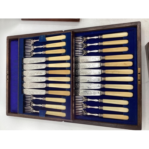 62 - Collection of boxed silver plated cutlery (4 boxes) plus one Stirling silver handled knife and fork ... 