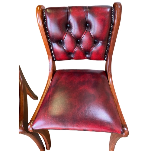 621 - Pair of Regency style mahogany framed, red leather upholstered button back hall chairs