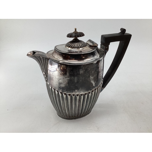 63 - Collection of silver plated wares to include kettle on burner, ornately decorated teapot and small g... 