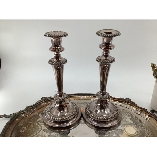 66 - Large collection of silver plated ware to include flatware candlesticks, sauceboats, white metal mou... 