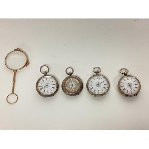 69 - A collection of four sterling silver ladies pocket watches, together with a pair of yellow metal lun... 