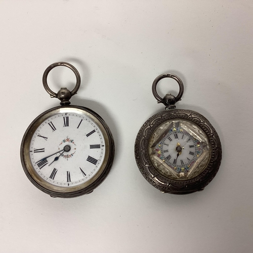 69 - A collection of four sterling silver ladies pocket watches, together with a pair of yellow metal lun... 