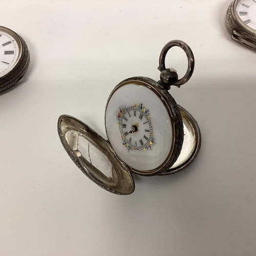 69 - A collection of four sterling silver ladies pocket watches, together with a pair of yellow metal lun... 