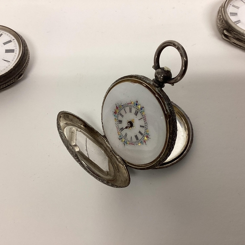 69 - A collection of four sterling silver ladies pocket watches, together with a pair of yellow metal lun... 