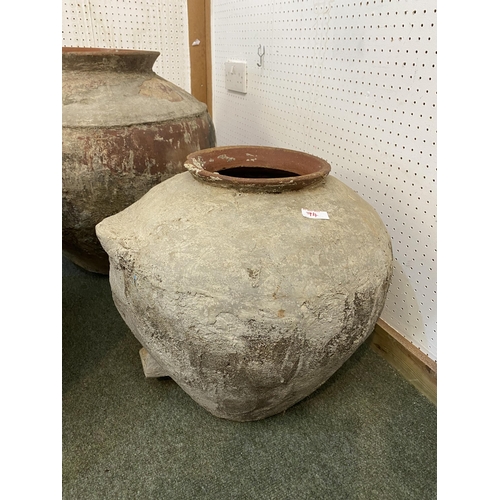 74 - Four similar terracotta bulbous pots, tallest approx. 55cm H, all with some wear and rustic, see ima... 