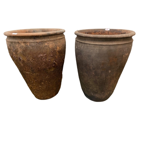 75 - Two tall terracotta pots, 68cmH & 58cmH, with wear and some chips etc